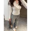 Top con Botones en el Hombro Derecho para Mujer en Primavera y Otoño Estilo Adelgazante Camiseta Interior Cuello Semi Abierto Estilo Sexy Camiseta Base