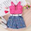 Traje de Camisola Irregular de Primavera y Verano Ins Estilo Europeo y Americano para Niña con Bordado de Color, Borla de Amor y Shorts de Mezclilla