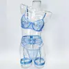Comercio Exterior Estilo Oscuro Encaje Floral Sujetador Ultradelgado Bordado Transparente Sedoso Talla Grande Reductor de Busto Juego de Lencería de Cuatro Piezas