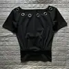 Camiseta Ajustada Retro de Chica del Milenio Y2K Manga Corta Cuello Redondo Top Perforado Ajustado Ins Conjunto de Moda Urbana