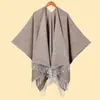 Novo Estilo Comércio Exterior Feminino Cor Sólida Franja Espessado Quente Fenda Grande Xale, Simples e Versátil, Roupa Exterior Elegante e Quente