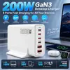 Estación de carga de escritorio transfronteriza de 200 W, tecnología GaN, compatible con dispositivos Apple y Huawei, adaptador multipuerto 2A+4C, carga rápida, estándar de EE. UU.