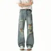 Jeans Rotos Estilo High Street Americano para Hombre, Diseño de Verano con un Ambiente Post-Apocalíptico, Pantalones Ligeramente Acampanados, Pantalones Rectos Versátiles de Marca de Moda