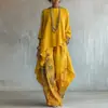 Traje Amarillo Estampado Estilo Europeo y Americano Nuevo 2026 para Mujer, Conjunto de Dos Piezas con Pantalones Anchos Holgados de Verano, Estilo Moderno Casual a la Moda