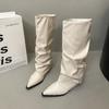 Botas Longas de Bico Fino com Salto Grosso, Estilo Novo Outono/Inverno 2025, Design de Nicho Emagrecedor, Abaixo do Joelho, Botas de Moda, Couro Macio, Fecho de Fivela, Botas Calça