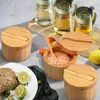 Tarro de bambú para condimentos con cuchara, tarro de sal, caja de almacenamiento para cocina, botella de condimentos, giratorio con succión magnética, venta caliente transfronteriza, al por mayor