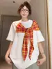 Verano Nuevo Estilo Manga Corta Corbata de Lazo Atado Bloques de Color Cuadros Simple Ropa de Trabajo Suelta Camiseta Top Estilo Universitario Americano Ins