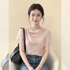 Blusa feminina estilo francês com gola alta rosa plissada e mangas curtas, novo design de verão 2026, top extremamente estiloso e elegante