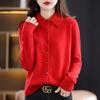 Camisa de punto con cuello polo para primavera y otoño con cárdigan de manga larga holgado y elegante chaqueta con solapa. Venta al por mayor de tops.