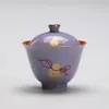 Gaiwan com Bloqueio de Cor Hibisco Roxo e Vermelho Vermilion das Dinastias Tang e Song, Tigela de Chá Cerâmica em Forma de Abóbora com Pintura Colorida Dourada, Tigela de Chá com Incrustação de Ouro e Prata