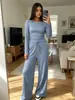 Novo conjunto esportivo de cor sólida casual de manga longa e calça pantalona de cintura alta, hot-selling TK da Amazon Europeia e Americana