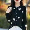 Cárdigan de Punto de Lana Peinada Retro Cuello Redondo 2026 Nuevo Estilo Primavera y Verano Combinación de Colores Corazón Top Holgado Chaqueta para Mujer