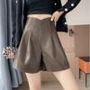 Pantalones Cortos de Cuero PU Marrón Otoño e Invierno 2024 para Mujer, Nuevos, de Cintura Alta, Holgados, Adelgazantes, los Más Fáciles de Combinar, de Pierna Ancha, Línea A, Casuales, Pantalones para Botas