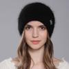 Gorro de punto de piel de conejo angora para mujer, gorro de lana cálido con diamantes de imitación a la moda, gorro tipo jersey combinable para mujer, estilo de comercio exterior