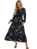 Vestido floral europeu e americano longo de gola redonda com mangas compridas para afinar a cintura