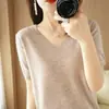 Camiseta de Tricô Manga Curta Gola V Feminina Suéter Pulôver Simples Estilo Ocidental Solto Top Curto Básico