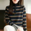 Tricô Listrado Contrastante Estilo Coreano Feminino Outono e Inverno Novo Lã Fina Moda Elegante Versátil Pulôver Top