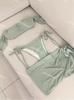 [2 Colores] Nuevo Conjunto de Tres Piezas de Malla de Manga Corta con Vuelo Pequeño Ins Pecho Pequeño Fruncido Cubre Vientre Delgado Traje de Baño para Vacaciones en Aguas Termales para Mujer