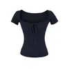 Camiseta de manga corta puramente seductora con cuello en U y cintura de corbata, nuevo estilo de verano, moderna y versátil, corte ajustado, adelgazante, top base de color liso