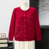 Camisa base de malha para mulheres de meia-idade e idosas, gola redonda, suéter fino para primavera e outono para mães, jaqueta cardigã bordada para avós