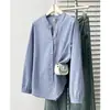 Camisa versátil de talla grande para mujer, nuevo estilo de otoño, estilo retro con cuello en V pequeño y mangas largas a rayas, 0715