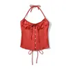 Camisole de Cetim com Estampa Espinha de Peixe Doce e Feminina para Mulheres, Top com Amarração no Pescoço Ajustável, Camisa Básica Sem Mangas Puro Desejo