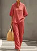 2026 Moda Casual Rayada de Manga Corta con Bolsillos y Pantalones de Pierna Ancha Conjunto de Dos Piezas para Mujer Europeo y Americano Transfronterizo Amazon