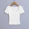 Estilo Simple Spice Girl Ajustado Diseño de Botones Top Base para Mujer Deseo Puro Sexy Cuello U Encaje Puntadas Manga Corta Camiseta