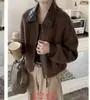 Diseño Coreano Estilo Retro Patchwork Cepillado Cuero PU Solapa Chaqueta Abrigo Mujer Otoño Casual Holgado Corto Top