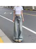 Jeans acampanados de cintura baja retro americano para mujer, pantalones de verano finos lavados adelgazantes de longitud completa rectos de campana para mujeres petite