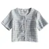 Chique Coreano Verão Simples Elegante Gola Redonda Borda Solta Pérola Botão Único Bolso Duplo Tweed Casaco Curto