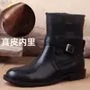 2023 Novas botas Martin de couro genuíno com salto baixo para mulheres, couro bovino de primeira camada, bico redondo, tornozeleiras, tamanho grande, botas de algodão com forro de fleece retrô