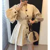 Vestido camisa feminino de alta costura Dongdaemun coreano, gola V, corte solto, acinturado, manga longa, vestido de comprimento médio com manga bufante para mulheres
