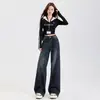 Jeans rectos con forro polar estilo retro americano transfronterizos para mujer, adelgazantes y versátiles, nuevos pantalones anchos de pierna suelta para primavera y otoño con una caída fluida