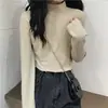 2025 Nuevo Otoño e Invierno Versátil Ajustado Chic Estudiante Tops Terciopelo Blanco Cuello Alto Medio Camiseta Base Manga Larga