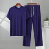 Pijama de Modal con Cuello en V para Hombre, Estilo Verano Delgado, Tallas Grandes, Pantalones Cortos de Manga Corta, Conjunto Holgado para Estar en Casa, Se Puede Usar Afuera