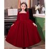 Vestido de Anfitriona para Niña, Vestido de Princesa para Cumpleaños de Niña, Vestido de Terciopelo Color Borgoña de Manga Larga para Presentación de Piano de Niña Pequeña, Primavera