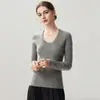 Suéter de Punto Fino de Lana y Cachemira para Mujer, temporada Otoño e Invierno, Calibre 12, Cuello en U, Manga Larga, Ajustado, Prenda Base