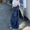 Calça jeans feminina de outono estilo retrô americano, bainha curva, perna larga, lavada, solta, reta, nova, afina a silhueta, cintura alta, comprimento total