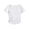 Camiseta de Moda con Pliegues Laterales de Manga Corta Sexy para Mujer Estilo Europeo y Americano Hilo Cuello Redondo Grande Top de Color Sólido Popular en Internet