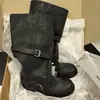 Versão em couro estilo coreano calça larga couro genuíno sola grossa botas de cano alto para mulheres, botas longas empilhadas com saltos grossos, botas de cavaleiro vintage