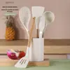 Cabo de madeira branco silicone 5 peças espátula colher colher de sopa pá de cozinha doméstica panela antiaderente suplemento alimentar terno de utensílios de cozinha