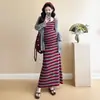Em estoque Novo Vestido de Maternidade Listrado Tricotado Saia de Suspensório para Gestantes + Cardigã Pequeno Longo Vestido de Verão Duas Peças para Gestantes