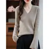 26 Suéter de punto acanalado con cuello en V Otoño/Invierno, jersey holgado de manga acampanada para mujer, top elegante para llevar debajo