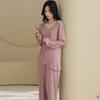 Pijama de Rayón Elástico Acanalado Modal para Mujer, Conjunto de Ropa de Casa de Moda Holgada de Manga Larga para Primavera y Otoño con Corte Lateral en la Espalda