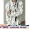 Camisa polo de manga larga con cuello deconstruido, capa base para hombre de peso pesado estilo Henry, camiseta de otoño gris claro con cuello alto