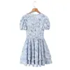 Moda Europea y Americana Transfronteriza Aliexpress Venta Caliente Vestido de Vacaciones Francés Floral de Cuello V Ajustado con Mangas Abullonadas