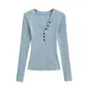 Camisa Base de Manga Larga con Botones y Cuello en V Profundo Estilo Nuevo Otoño e Invierno Hombro Normal Cintura Acanalada Adelgazante Camiseta de Manga Larga Ropa Interior