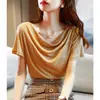 Camiseta de Verano 2025 Nueva para Mujer, Color Sólido, Manga Corta, Estilo Chanel, Sencilla y Versátil, con Cuello Alto Apilado Elegante