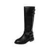 Botas de Caballero Estilo Europeo con Hebilla Ajustable 2026 Tacón Medio Grueso Punta Redonda Piel de Vaca Remaches Caña Ancha Caña Alta para Mujer